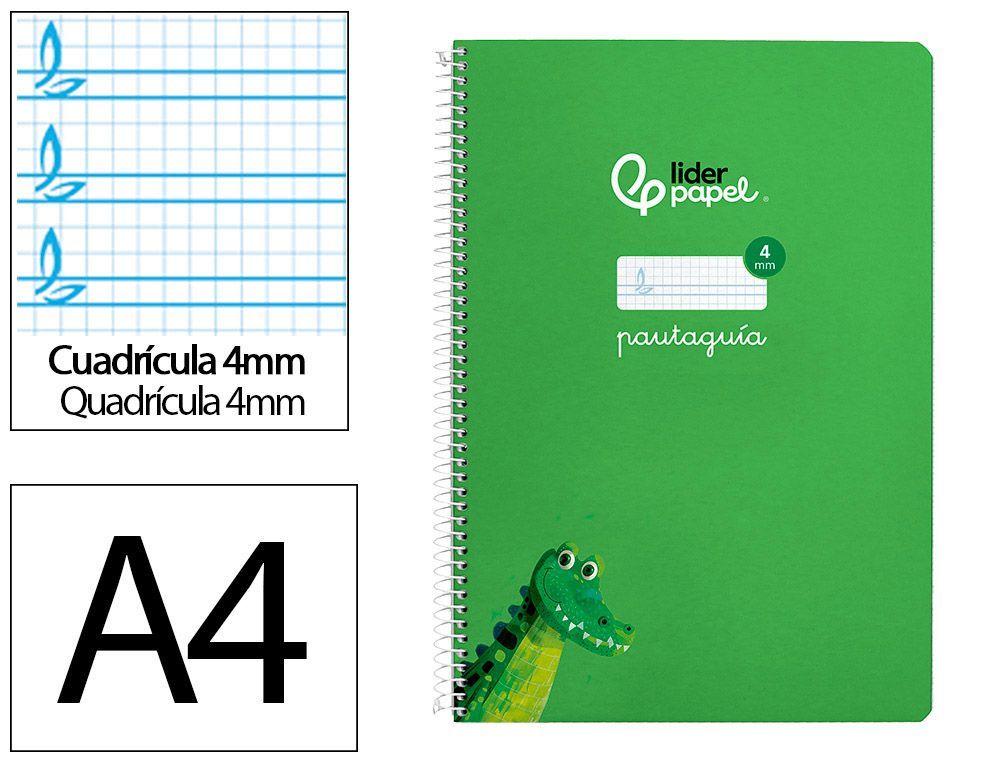 Cuaderno espiral liderpapel A4 pautaguia tapa dura 80h 90 gr cuadro pautado 4mm color verde