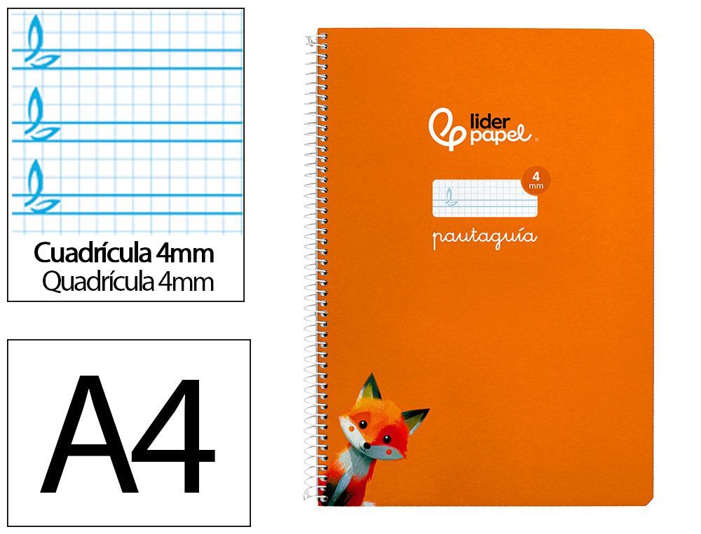 Cuaderno espiral liderpapel A4 pautaguia tapa dura 80h 90 gr cuadro pautado 4mm color naranja