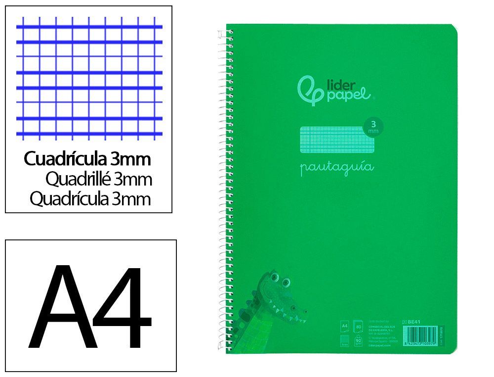 Cuaderno espiral liderpapel A4 pautaguia tapa plastico 80h 90gr cuadro pautado 3mm con margen color verde