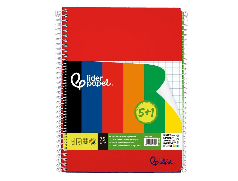 Cuaderno espiral liderpapel A4 smart tapa blanda 80h 75gr cuadro 4 mm con margen pack 5+1 colores surtidos
