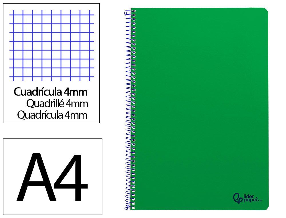 Cuaderno espiral liderpapel A4 smart tapa blanda 80h 75gr cuadro 4mm con margen color verde
