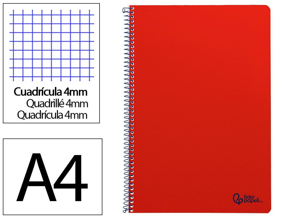 Cuaderno espiral liderpapel A4 smart tapa blanda 80h 75gr cuadro 4mm con margen color rojo