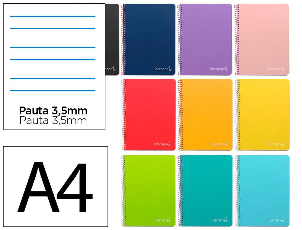 Cuaderno espiral liderpapel A4 witty tapa dura 80h 90gr rayado montessori 3,5mm colores surtidos