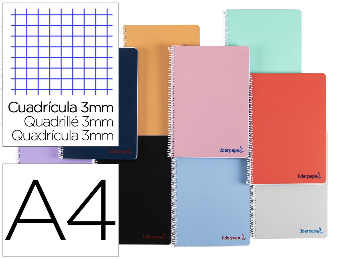 Cuaderno espiral liderpapel a4 wonder tapa plastico 80h 90gr cuadro 3mm con margen colores surtidos