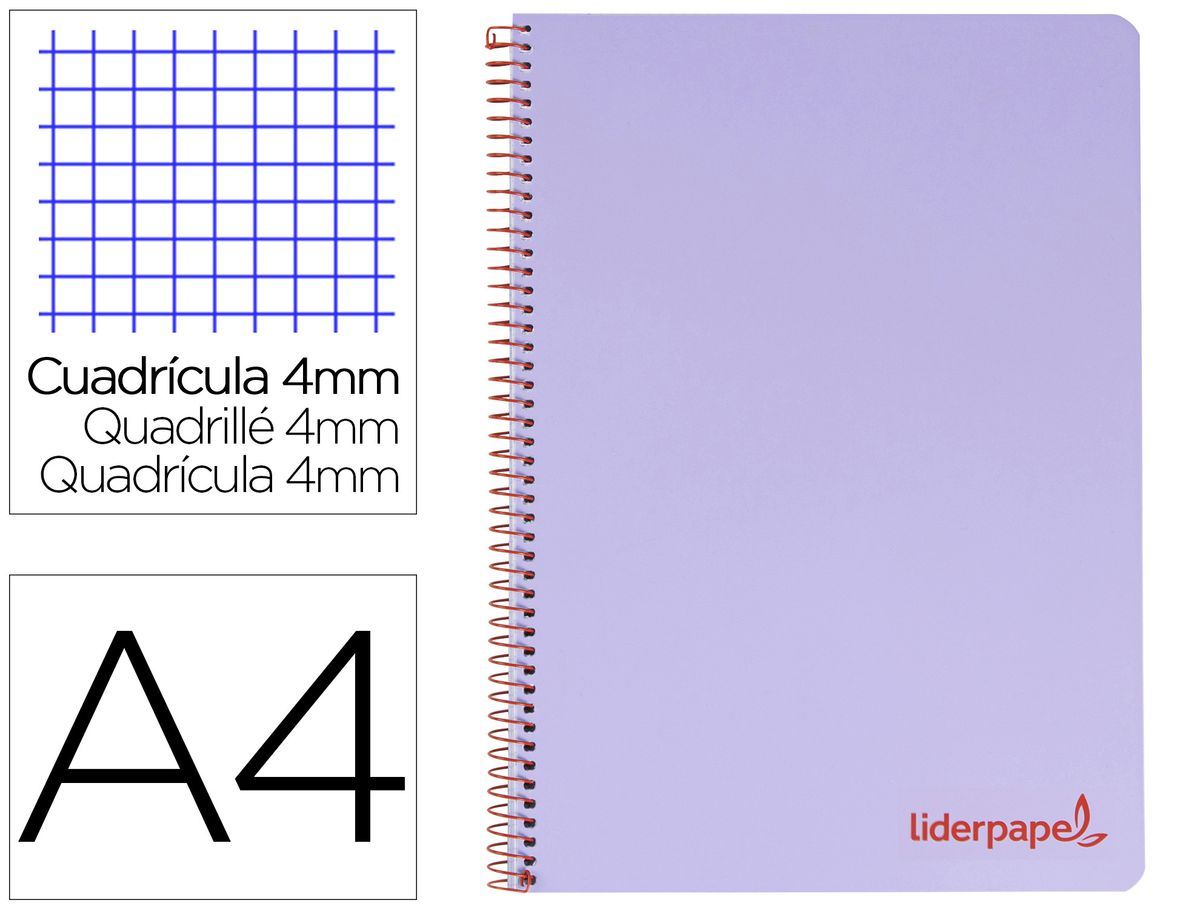 Cuaderno espiral liderpapel a4 wonder tapa plastico 80h 90gr cuadro 4mm con margen color violeta