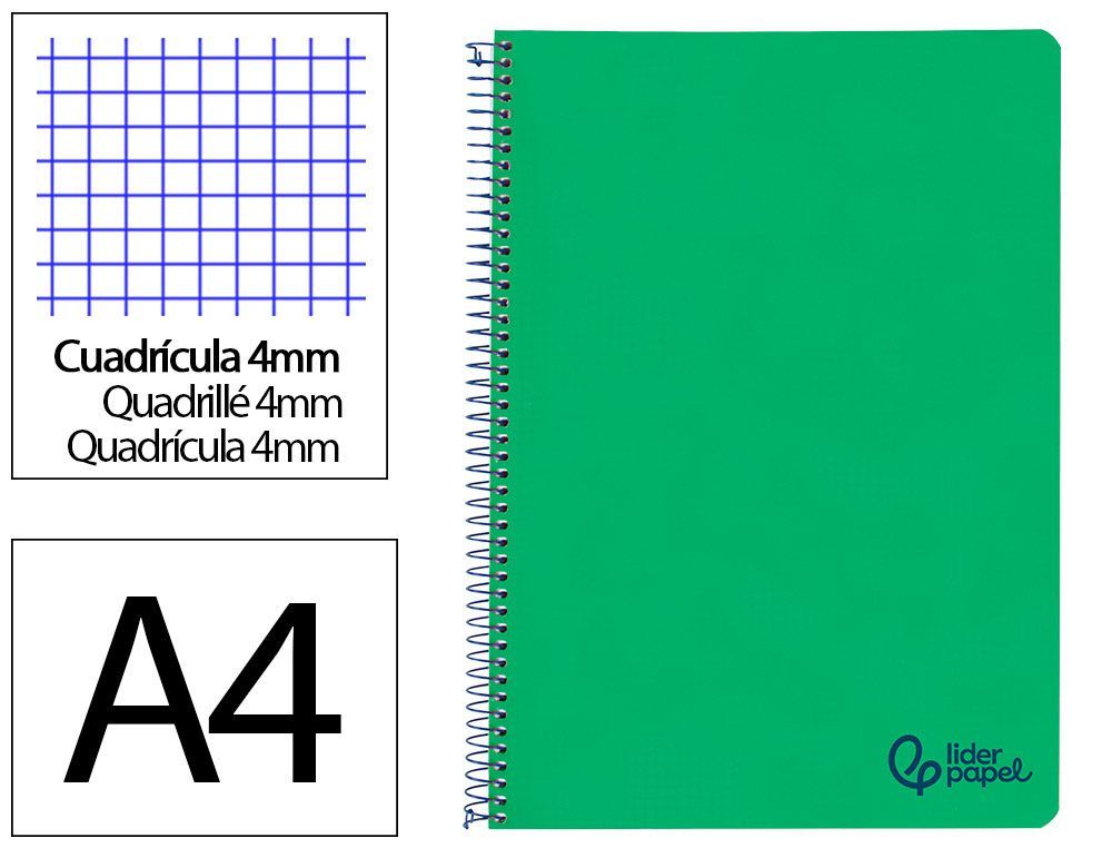 Cuaderno espiral liderpapel A4 wonder tapa plastico 80h 90gr cuadro 4mm con margen color verde oscuro