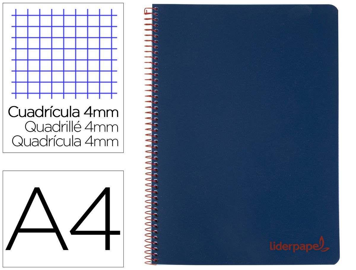Cuaderno espiral liderpapel a4 wonder tapa plastico 80h 90gr cuadro 4mm con margen color azul marino