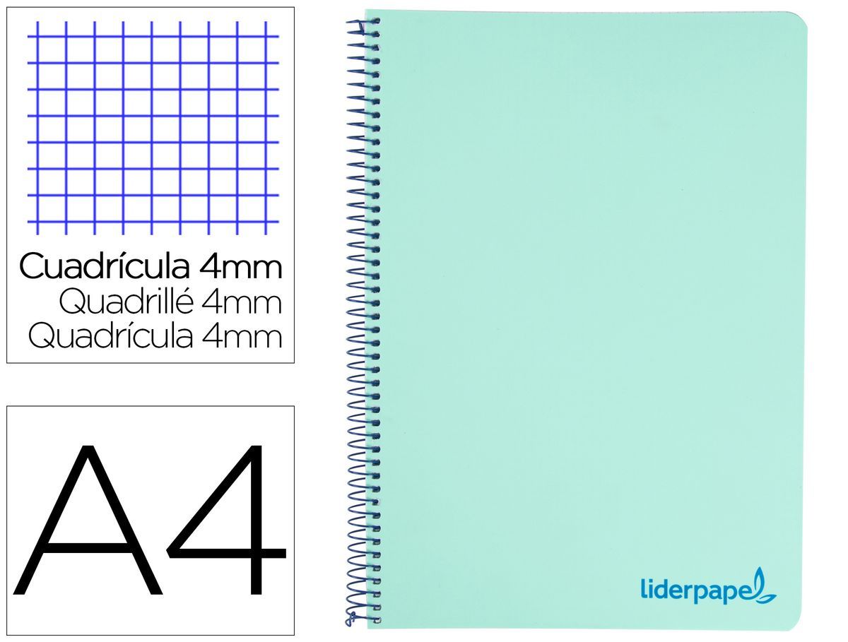 Cuaderno espiral liderpapel a4 wonder tapa plastico 80h 90gr cuadro 4mm con margen color verde