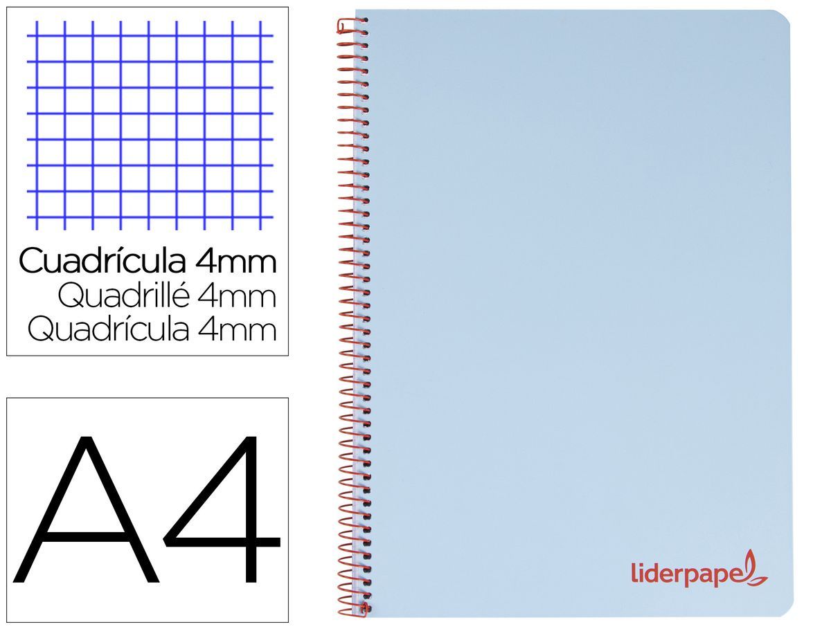 Cuaderno espiral liderpapel a4 wonder tapa plastico 80h 90gr cuadro 4mm con margen color azul