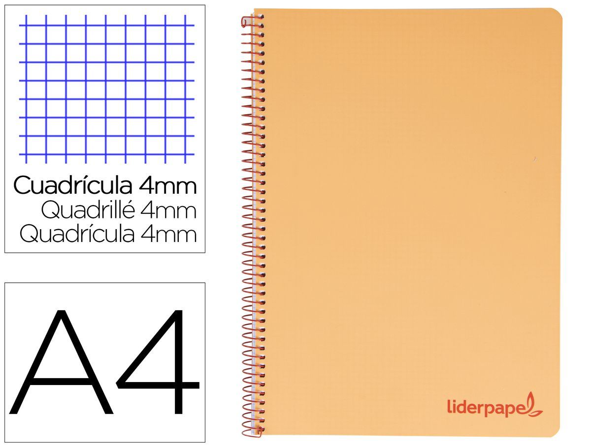Cuaderno espiral liderpapel a4 wonder tapa plastico 80h 90gr cuadro 4mm con margen color naranja