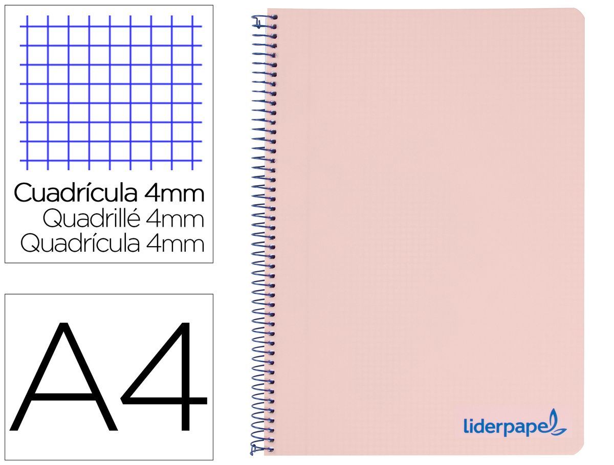 Cuaderno espiral liderpapel a4 wonder tapa plastico 80h 90gr cuadro 4mm con margen color rosa
