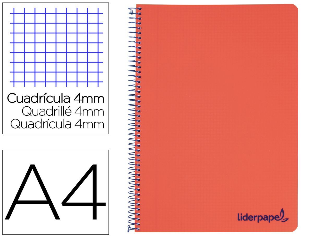 Cuaderno espiral liderpapel a4 wonder tapa plastico 80h 90gr cuadro 4mm con margen color rojo