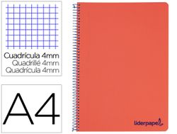 Cuaderno espiral liderpapel a4 wonder tapa plastico 80h 90gr cuadro 4mm con margen color rojo