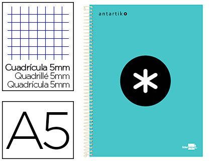 Cuaderno espiral liderpapel a5 micro antartik tapa forrada 120h 90 gr cuadro 5 mm 5 band6 taladros color menta