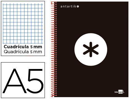 Cuaderno Espiral Liderpapel A5 Micro Antartik Tapa Forrada 120H 90 gr Cuadro5Mm 5 Bandas 6 Taladros Color Negro