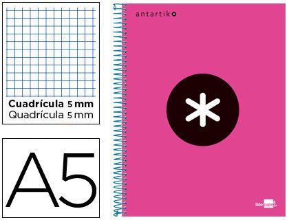Cuaderno Espiral Liderpapel A5 Micro Antartik Tapa Forrada 120H 90 gr Cuadro5Mm 5 Bandas 6 Taladros Color Rosa