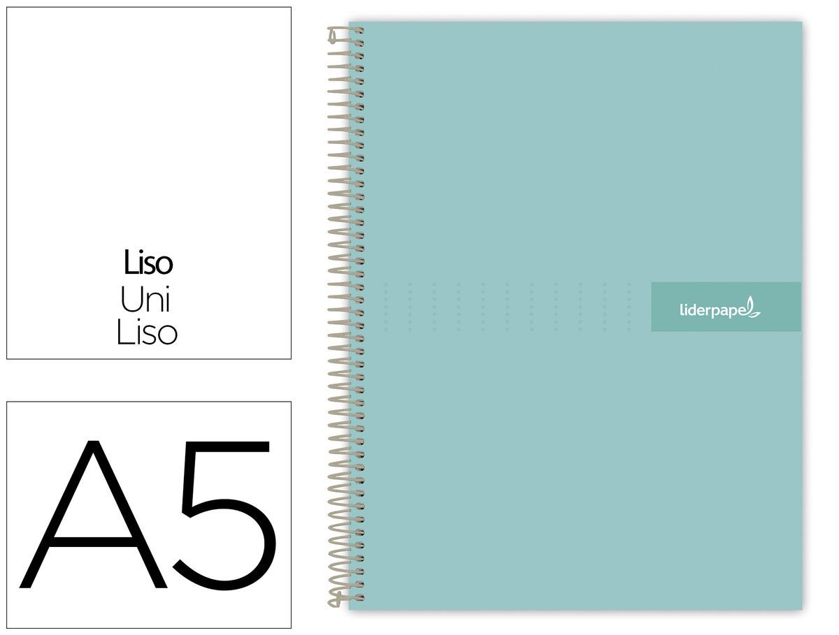 Cuaderno espiral liderpapel a5 micro crafty tapa forrada 120h 90 gr cuadro 5mm 5 bandas6 taladros color turquesa