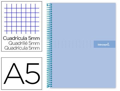 Cuaderno espiral liderpapel a5 micro crafty tapa forrada 120h 90 gr cuadro 5mm 5 bandas6 taladros color celeste