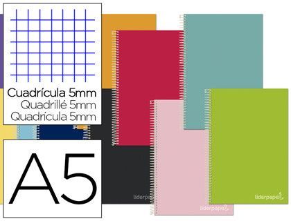 Cuaderno espiral liderpapel a5 micro jolly tapa forrada 140h 75 gr cuadro 5mm 5 bandas, 6 taladros colores surtidos
