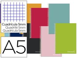 Cuaderno espiral liderpapel a5 micro jolly tapa forrada 140h 75 gr cuadro 5mm 5 bandas, 6 taladros colores surtidos