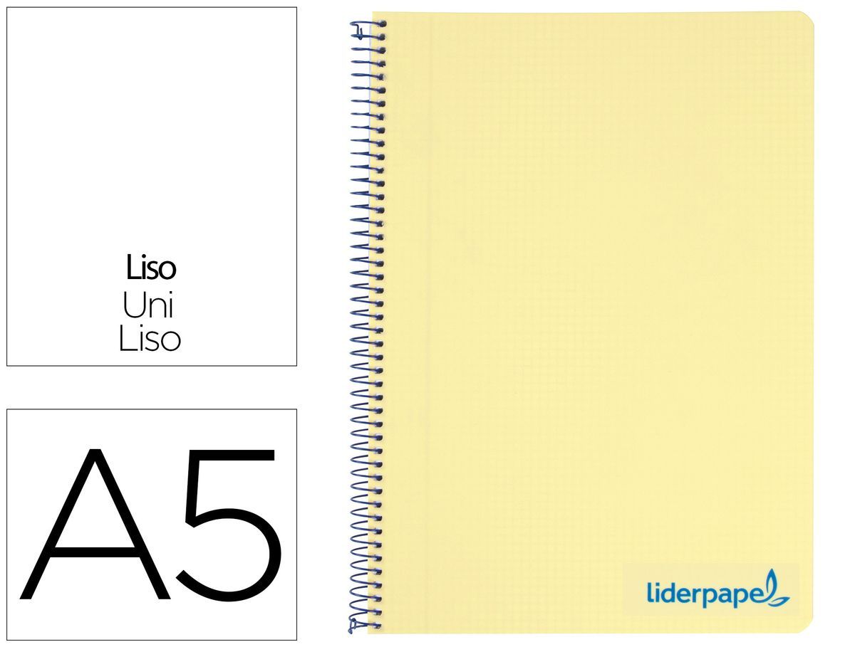 Cuaderno espiral liderpapel a5 micro wonder tapa plastico 120h 90g cuadro 5mm 5 bandas 6 taladros color amarillo