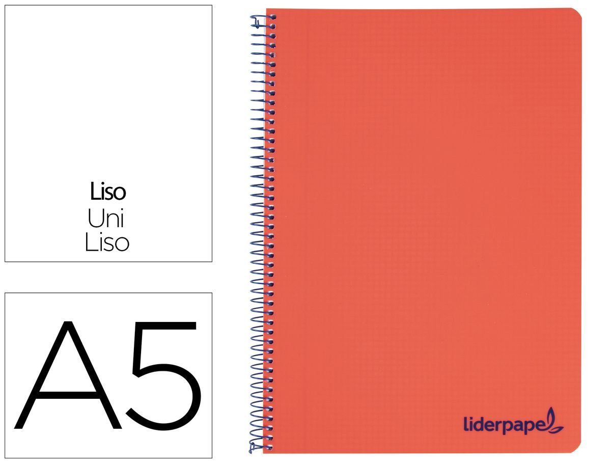 Cuaderno espiral liderpapel a5 micro wonder tapa plastico 120h 90g cuadro 5mm 5 bandas 6 taladros color rojo