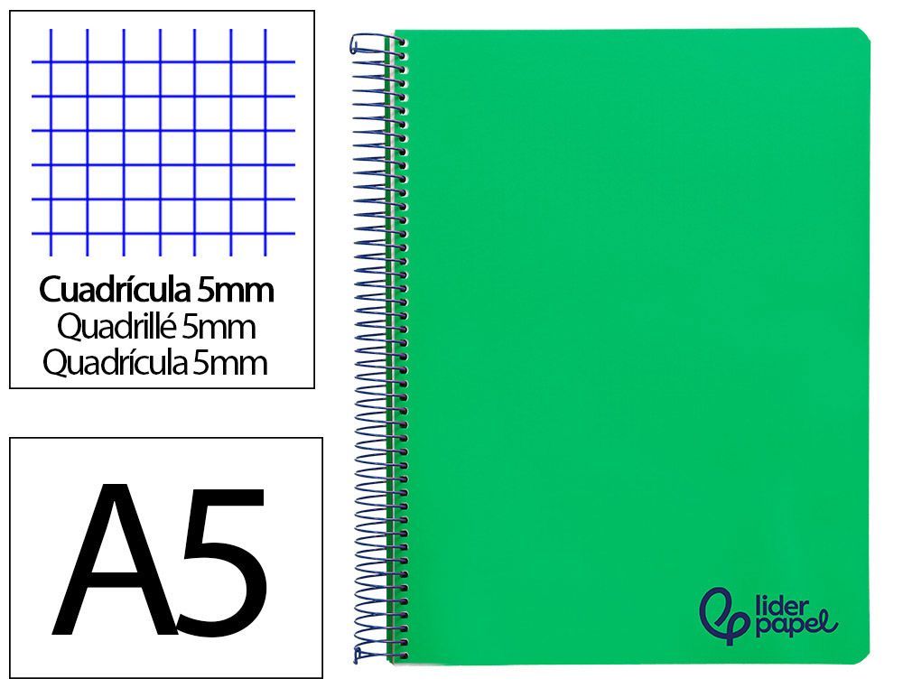 Cuaderno espiral liderpapel A5 micro wonder tapa plastico 120h 90gr cuadro 5mm 5 bandas 6 taladros color verde oscuro