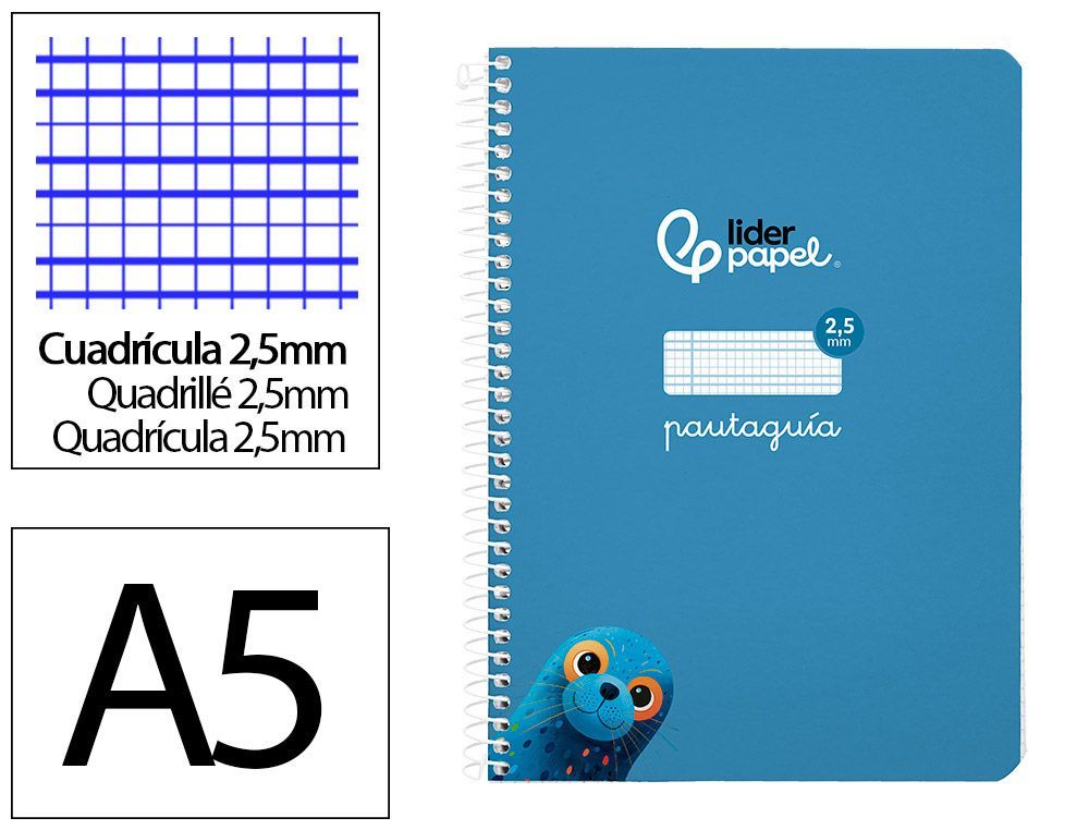 Cuaderno espiral liderpapel A5 pautaguia tapa blanda 40h 75 gr cuadro pautado 2,5mm color azul