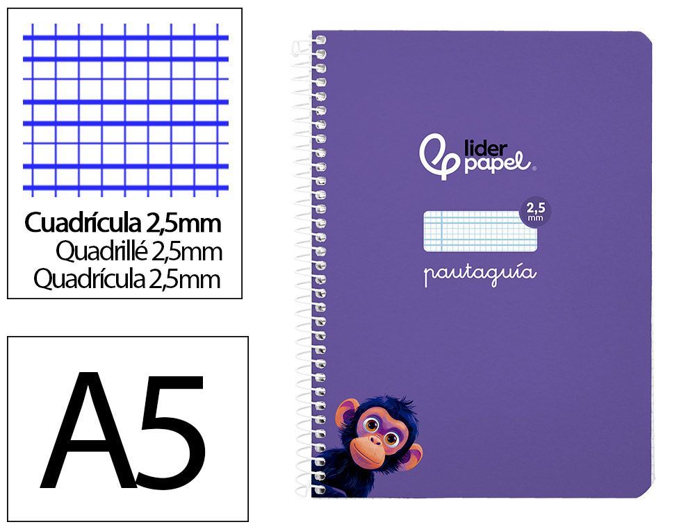 Cuaderno espiral liderpapel A5 pautaguia tapa blanda 40h 75 gr cuadro pautado 2,5mm color lila