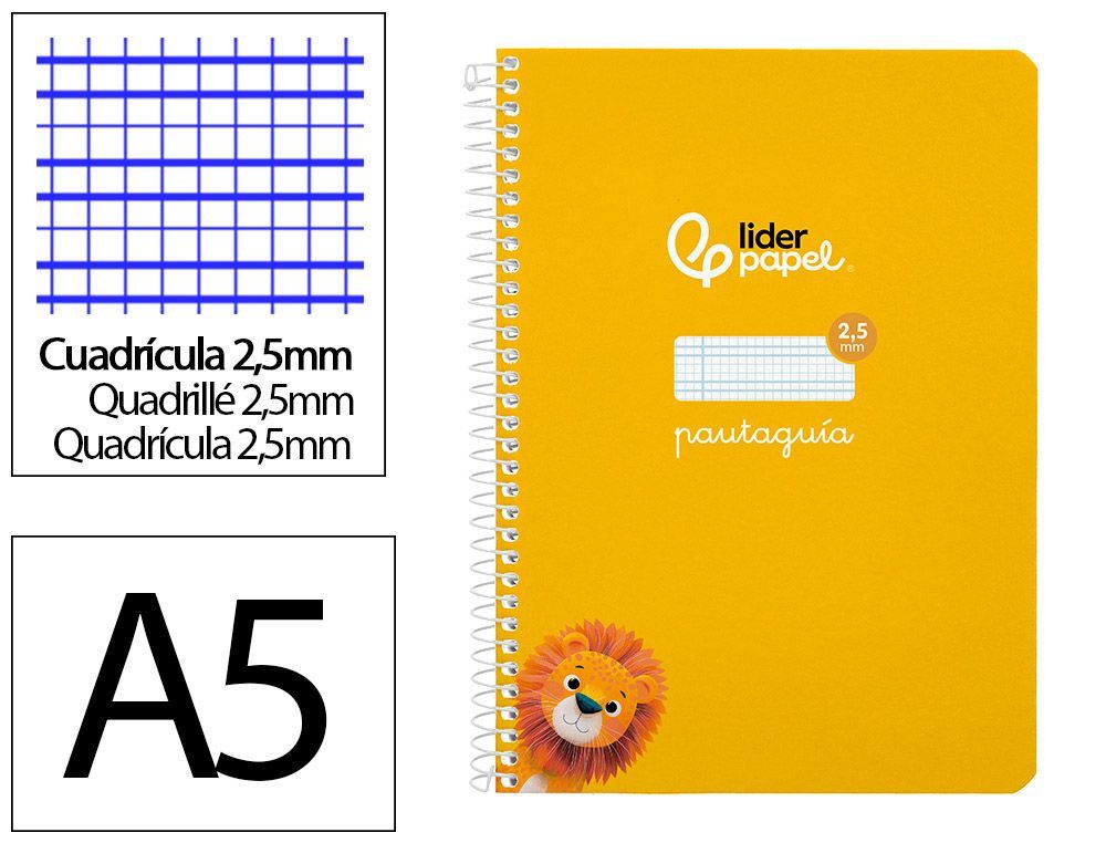 Cuaderno espiral liderpapel A5 pautaguia tapa blanda 40h 75 gr cuadro pautado 2,5mm color amarillo