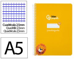 Cuaderno espiral liderpapel A5 pautaguia tapa blanda 40h 75 gr cuadro pautado 2,5mm color amarillo