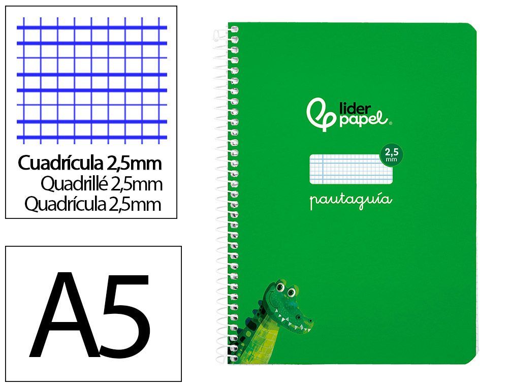 Cuaderno espiral liderpapel A5 pautaguia tapa blanda 40h 75 gr cuadro pautado 2,5mm color verde