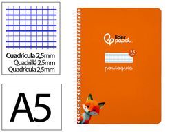 Cuaderno espiral liderpapel A5 pautaguia tapa blanda 40h 75 gr cuadro pautado 2,5mm color naranja