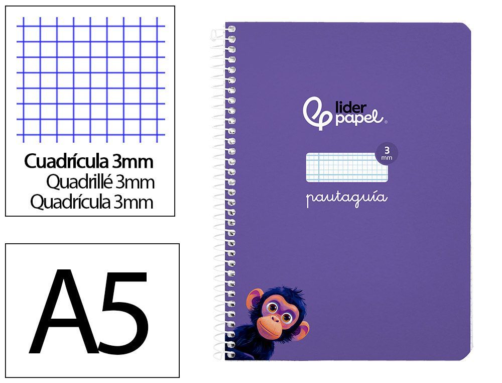 Cuaderno espiral liderpapel A5 pautaguia tapa blanda 40h 75 gr cuadro pautado 3mm color lila