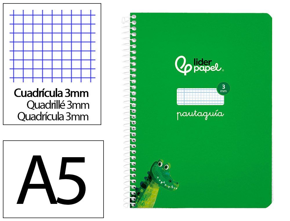 Cuaderno espiral liderpapel A5 pautaguia tapa blanda 40h 75 gr cuadro pautado 3mm color verde