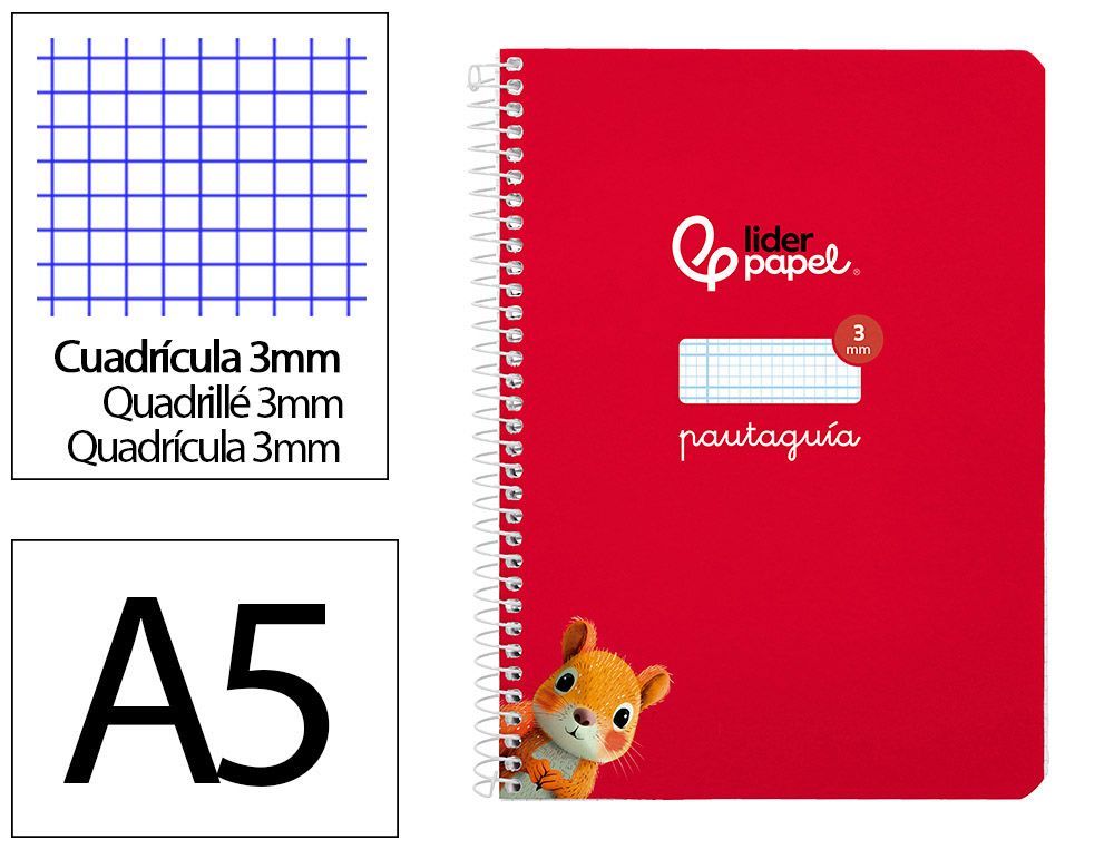Cuaderno espiral liderpapel A5 pautaguia tapa blanda 40h 75 gr cuadro pautado 3mm color rojo