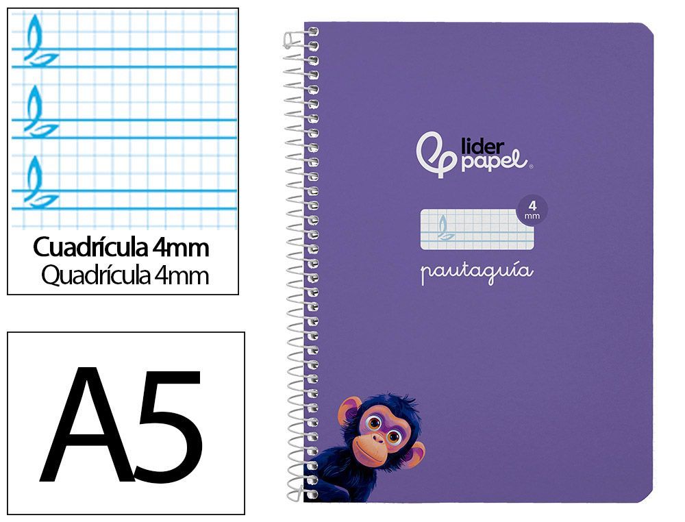 Cuaderno espiral liderpapel A5 pautaguia tapa blanda 40h 75 gr cuadro pautado 4mm color lila