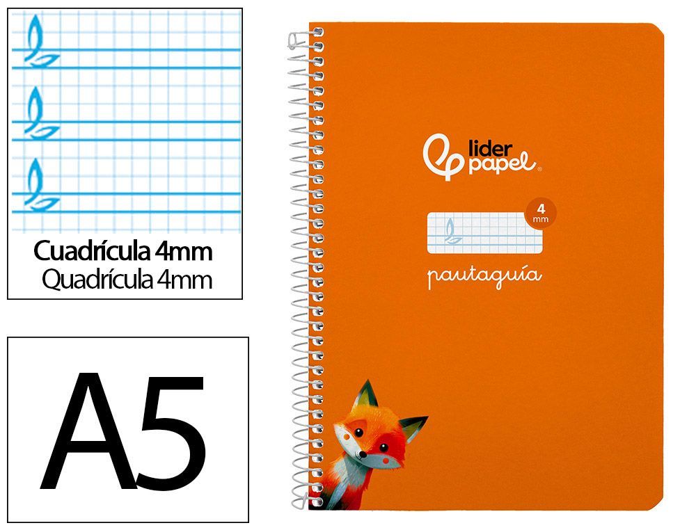 Cuaderno espiral liderpapel A5 pautaguia tapa blanda 40h 75 gr cuadro pautado 4mm color naranja