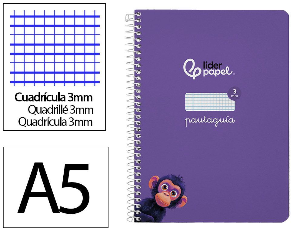 Cuaderno espiral liderpapel A5 pautaguia tapa dura 80h 90 gr cuadro pautado 3mm color lila