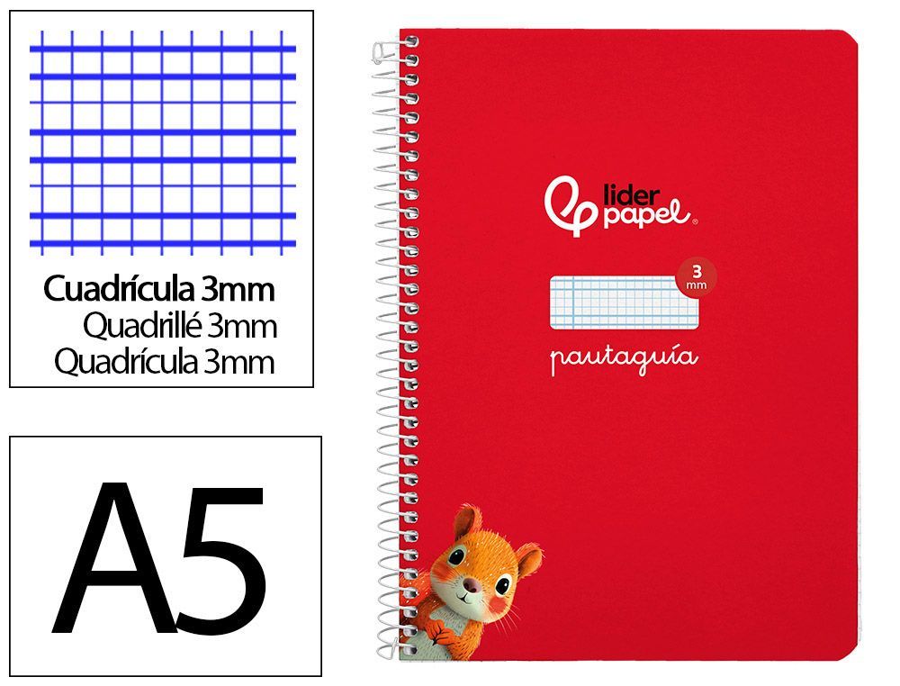 Cuaderno espiral liderpapel A5 pautaguia tapa dura 80h 90 gr cuadro pautado 3mm color rojo