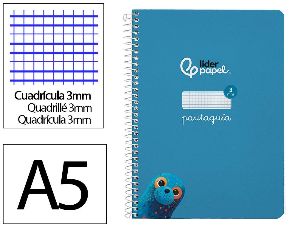 Cuaderno espiral liderpapel A5 pautaguia tapa dura 80h 90 gr cuadro pautado 3mm color azul