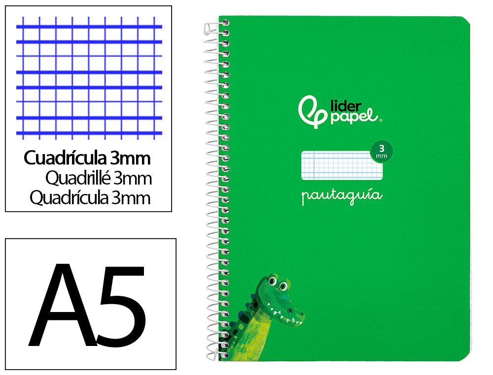 Cuaderno espiral liderpapel A5 pautaguia tapa dura 80h 90 gr cuadro pautado 3mm color verde