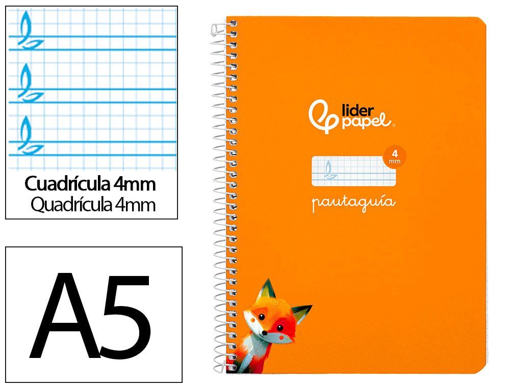 Cuaderno espiral liderpapel A5 pautaguia tapa dura 80h 90 gr cuadro pautado 4mm color naranja