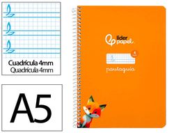 Cuaderno espiral liderpapel A5 pautaguia tapa dura 80h 90 gr cuadro pautado 4mm color naranja