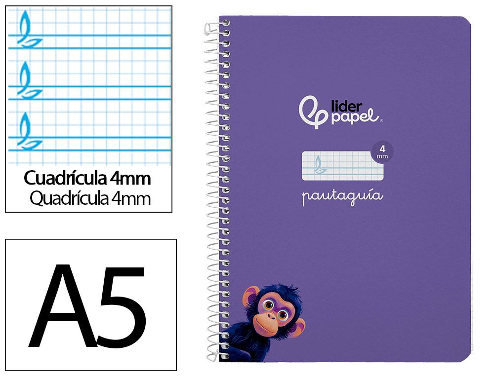 Cuaderno espiral liderpapel A5 pautaguia tapa dura 80h 90 gr cuadro pautado 4mm color lila