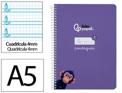 Cuaderno espiral liderpapel A5 pautaguia tapa dura 80h 90 gr cuadro pautado 4mm color lila