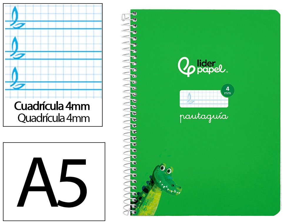 Cuaderno espiral liderpapel A5 pautaguia tapa dura 80h 90 gr cuadro pautado 4mm color verde