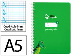 Cuaderno espiral liderpapel A5 pautaguia tapa dura 80h 90 gr cuadro pautado 4mm color verde