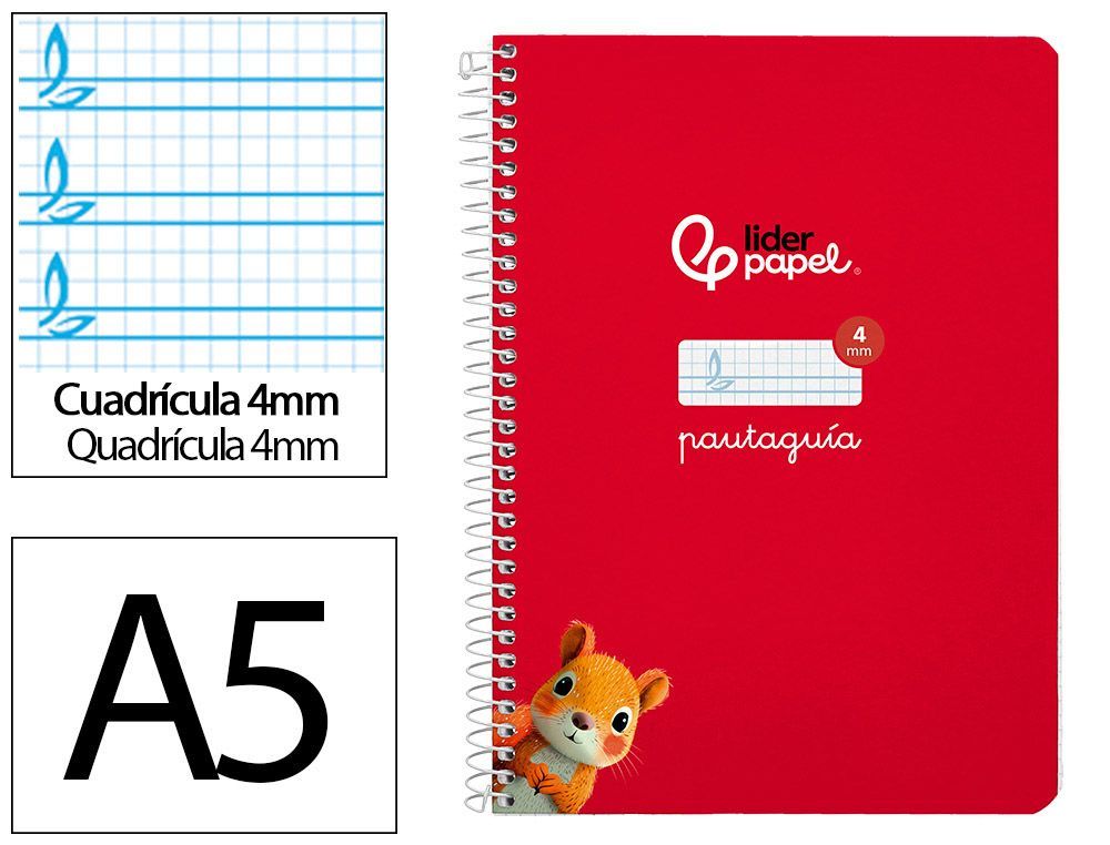 Cuaderno espiral liderpapel A5 pautaguia tapa dura 80h 90 gr cuadro pautado 4mm color rojo