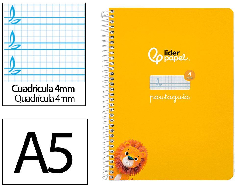 Cuaderno espiral liderpapel A5 pautaguia tapa dura 80h 90 gr cuadro pautado 4mm color amarillo